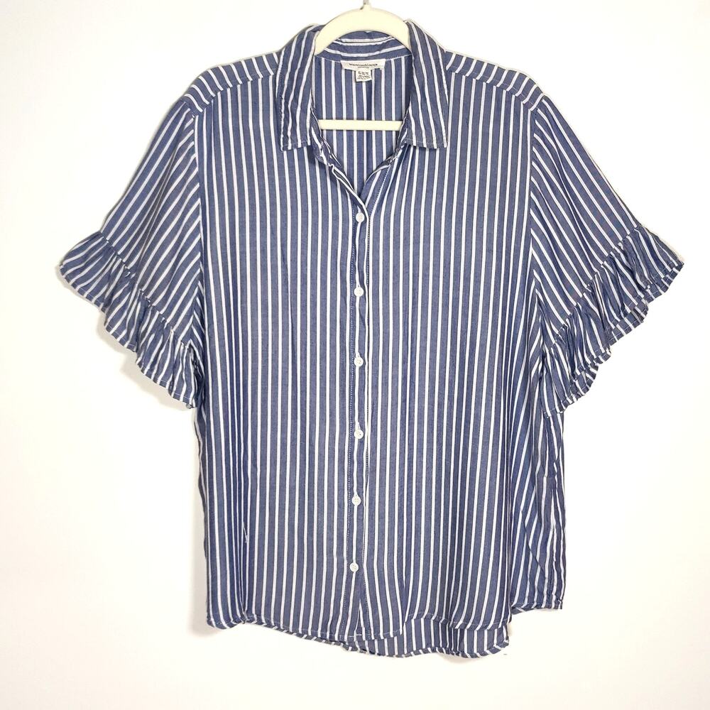 Beach Lunch Lounge Blue White Stripe Ruffle Sleeve Blouse XL Coastal Lyocell